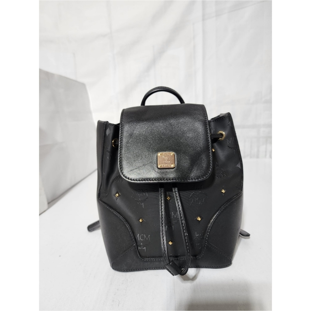 MCM Visetos Leather Drawstring Backpack Black